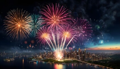 Fototapeta premium Fireworks over City Skyline at Night