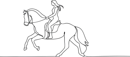 Fototapeta premium Continuous single line drawing of a female rider on a galloping horse in minimalist linear art style