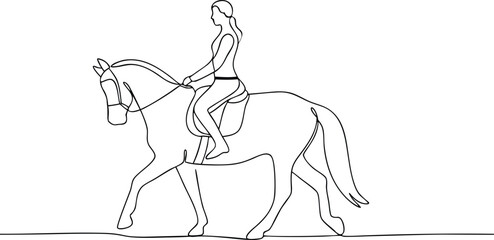 Continuous single line drawing of a female rider on a galloping horse in minimalist linear art style

