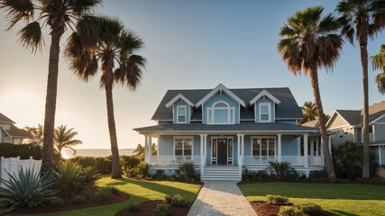 Elegant luxury suburban house exterior with coastal style featuring beautiful architectural details and inviting curb appeal in a serene neighborhood