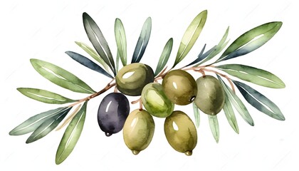 Watercolor Olive Branch with Ripe Olives