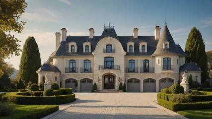 Majestic french chateau style house with distinctive architectural elements surrounded by lush greenery and beautiful flower gardens in a suburban area