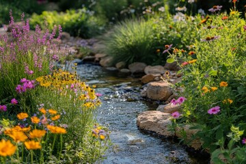 Tranquil garden stream with vibrant flowers