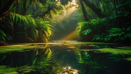 Fototapeta premium Jungle river with bright sunlight in green forest