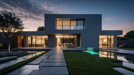 Contemporary luxury house at dusk featuring innovative architecture and beautiful exterior design surrounded by lush landscaping and relaxing atmosphere