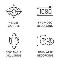 Dash camera icons set - 4 sides, Full HD, 360 degrees, Time-lapse. in thin line