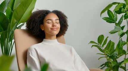 Relaxed young woman enjoying tranquility among indoor plants.
