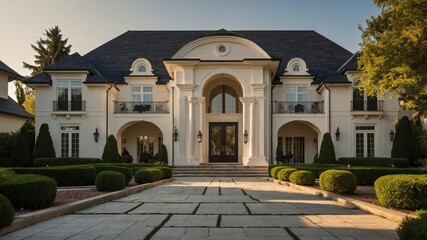 Impressive grand two-story luxury suburban house exterior boasting unique architectural features and beautifully landscaped surroundings
