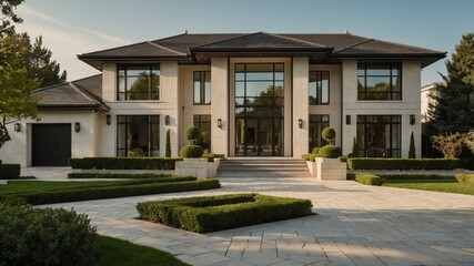 Obraz premium Stylish high-end two-story luxury suburban house exterior with modern architectural design and welcoming curb appeal in a tranquil area