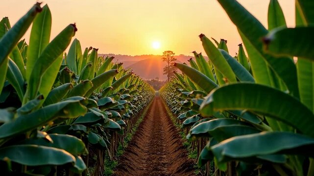Neatly aligned banana trees in a tropical plantation at sunset with golden sunlight, natural style, lush green field background, concept of agriculture