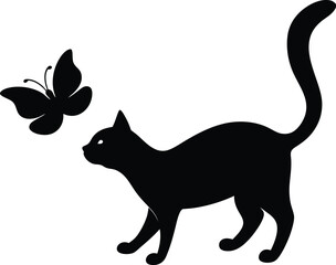 silhouette of a cat chasing butterfly on white background