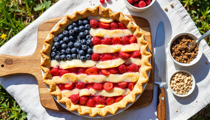 Decorative flag pie on wooden board at garden party, festive celebration