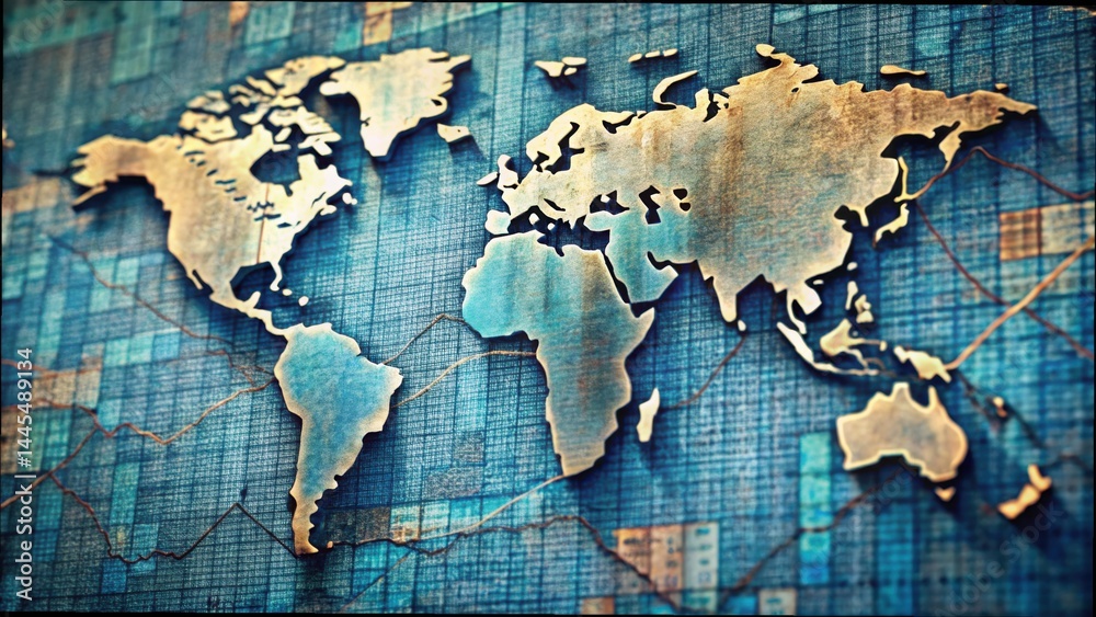 Poster detailed world map overlay with financial data visual elements
