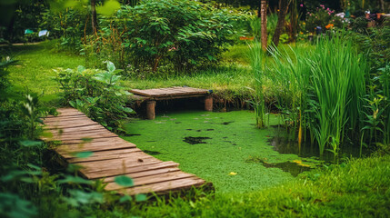 Lush pond with bridges & green plants