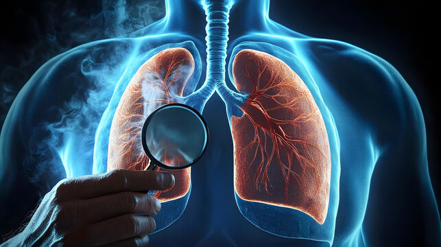 Doctor with Smoker Lung anatomy with magnifying glass. Lung Cancer, Asthma, Chronic Obstructive Pulmonary or COPD, Bronchitis, Emphysema, Cystic Fibrosis, Bronchiectasis, Pneumonia and world Lung day