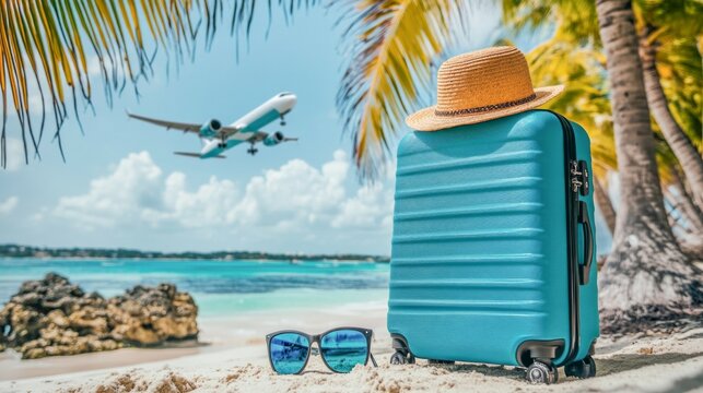 Summer travel tourism airplane holiday vacation background - trolli suitcase, straw hat and sunglasses lying in the sand on the beach with palm trees