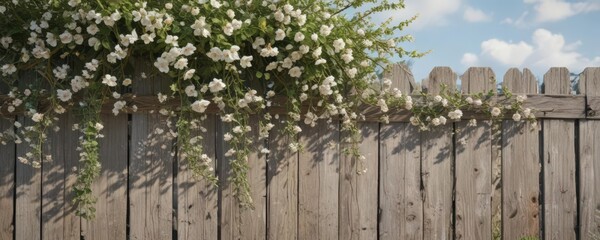 Fototapeta premium Weathered fence panel, rambling vines, delicate blossoms, antique border , shabby chic, design, border