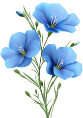 Cluster of Three Elegant Blue Flax Flowers with Green Leaves against a Transparent Background