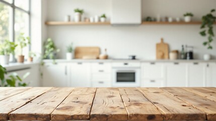Rustic wood table sharply focused with bright blurred kitchen behind. White cabinets, soft daylight, and green plants create a natural minimalistic mood.