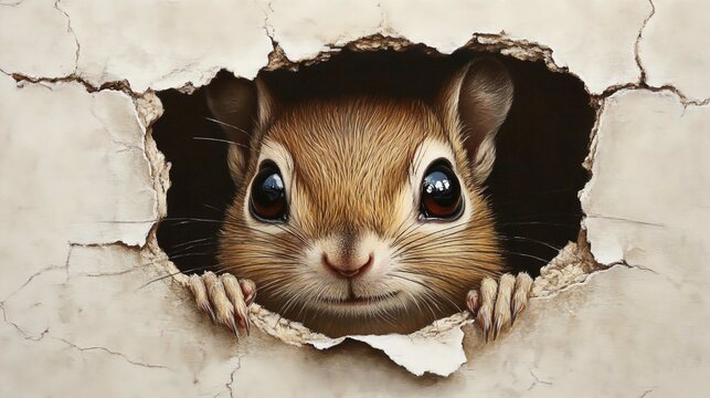 Curious Chipmunk Peeking Through Wall Crack - Adorable, Playful Woodland Mammal with Fur and Funny Expression Textured Photorealistic Illustration in Artistic Wildlife Background