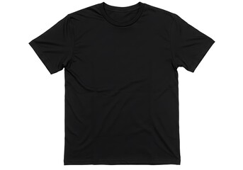 A simple black t shirt with short sleeves laid out flat on a white background in a studio setting