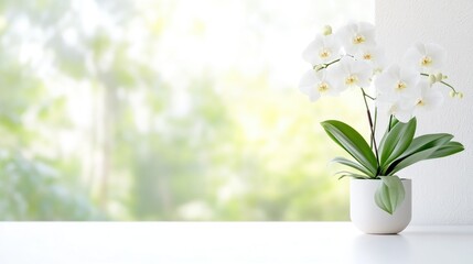 White orchids in a pot, blurred background