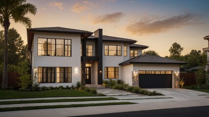 Obraz premium Elegant luxury suburban house exterior featuring modern two-story design with inviting architecture set against a scenic backdrop of nature