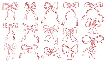 Pink hand drawn coquette style ribbon bows set. Retro cartoon festive girlish design elements collection.