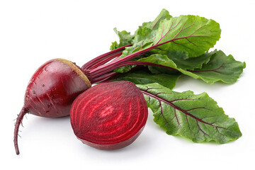 Beetroot fresh red beet with leaves and a half isolated transparent background
