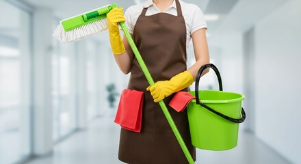 Woman in Cleaning Apron Holding Mop and Bucket in Modern Office Building