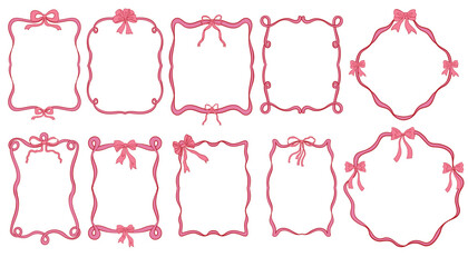 Vintage hand drawn trendy coquette style frames with ribbons and bows collection. Prints, greeting cards, wedding and birthday party, invitations.