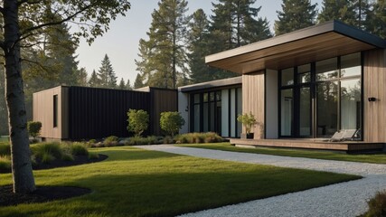 Inviting scandinavian-inspired house exterior featuring modern design elements set against a natural backdrop creating a cozy and welcoming environment