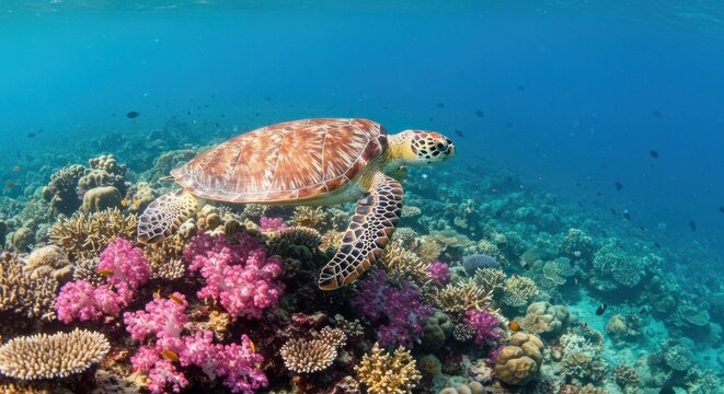 Sea turtle swimming over coral reef. Photos