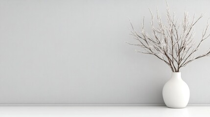 A white vase with delicate branches on a minimalist shelf against a light grey wall, and simple and elegant interior design concept.