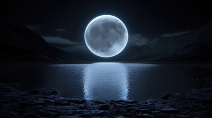 Majestic moon over a tranquil lake at night