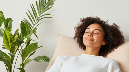 Relaxed woman with curly hair enjoying peace in a serene indoor setting.