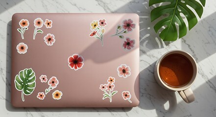 Well-used laptop with floral stickers in pastel colors for students
