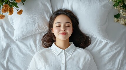 Serene young Asian woman resting peacefully on a white bed surrounded by flowers.