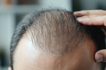 Man examining thinning hair and scalp in close-up indoors during daytime