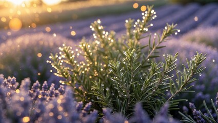 Obraz premium Rosemary with water droplets in lavender field