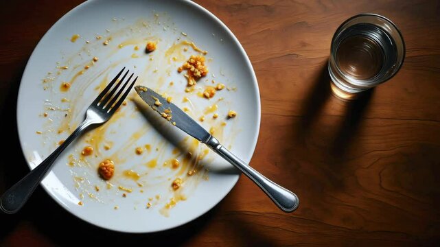 Empty plate with food remnants and cutlery after meal for food blog, dining concept or restaurant campaign, moody wooden table setting with glass of water and natural shadows