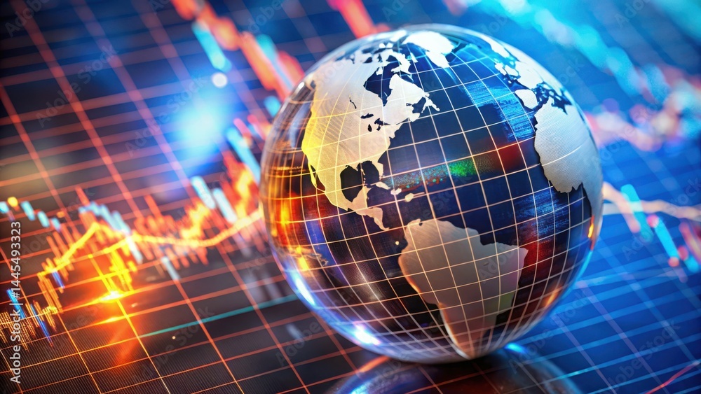 Aufkleber 3d globe model over stock market graph with falling trends visuals