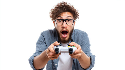 Person expressing surprise while playing video game, isolated on white, stock photography style,