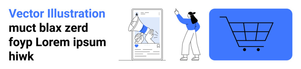 Woman pointing to a mobile screen with a megaphone graphic and large shopping cart. Ideal for e-commerce, marketing, advertising, sales, business promotion, online shopping, simple landing page