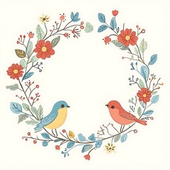 Cartoon floral wreath with birds, vector illustration