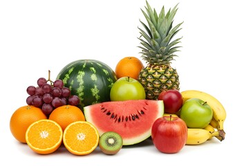 Assortment of fresh fruits including watermelon pineapple oranges apples grapes and bananas on white backdrop
