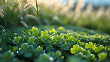 Green Clover Field with Dew in Sunlight