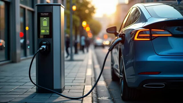 Electric car charging at a street station during sunset, clean energy concept, urban eco-friendly transportation scene