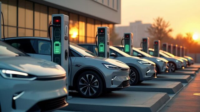 Row of electric cars charging at modern EV stations at sunrise, symbolizing sustainable transportation, green energy, and future mobility