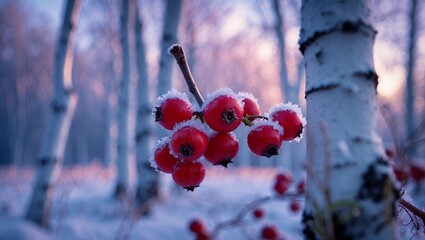 Red Berries with Frost in Winter Birch Tree Forest